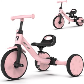 RIDYEE 4-in-1 Toddler Tricycle for Ages 18 Months to 3 Years, Tool-Free Mode Switch, Tricycle for Toddlers 1.5-3 with One-Click Height Adjustment, Kids Trike and Balance Bike for 2 Years, Pink