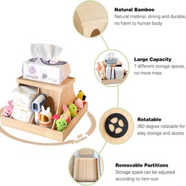 YiLiiod Wooden Baby Diaper Cabby Organizer, 360 Degrees Rotating Bamboo Cabby Storage with Removable Divides, Nursery Diaper Organizer