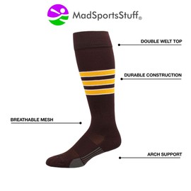 MadSportsStuff Dugout 3 Stripe Baseball Socks (Brown/Gold/White, Large)