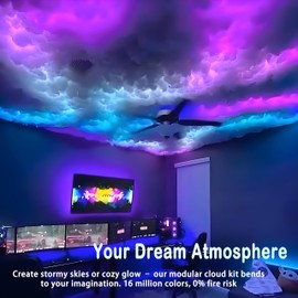 wacuaao ThunderGlow DIY Storm Cloud Light Kit with 16.4ft LED Strip & Hot Glue Gun – Music Sync, 16M Colors, Expandable Design for Bedroom, Gaming Room, Party Decor (Covers 32-54 Sq.Ft)