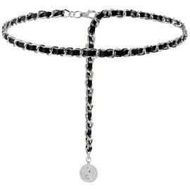 LIMHOO Leather Chain Belt for Women Layered Metal Waist Belt Adjustable Waist Chain for Dress Vest Jeans (Silver Black 1 M)