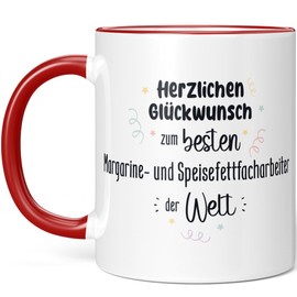 JUNIWORDS Tasse, Herzlichen Glückwunsch zum besten Margarine- und Speisefettfacharbeiter der Welt, Rot (7644394)