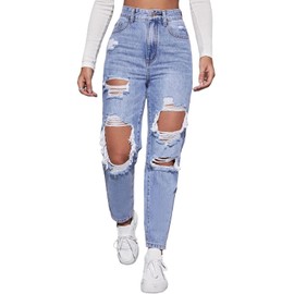 Jelove Women's High Waist Boyfriend Straight Leg Ripped Jeans Distressed Denim Pants (Blue, S)