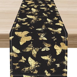 Gold Butterfly Table Runner,Vintage Rustic Vintage Black Golden Butterfly Rustic Table Center Decor for Kitchen Family Holiday Party Indoor Outdoor, 13"x36"