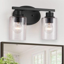 EPLIGUP Bathroom Vanity Light Fixtures Over Mirror, Seeded Glass Bathroom Vanity Light, 2 Light Matte Black Bathroom Light Fixtures with Clear Glass, Modern Rustproof Vanity Light Wall Mount