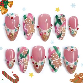 HOSAILY Cute Pink Winter Press on Nails Short Almond Fake Nails with 3D Embossed Gingerbread Man Candy Star Design Rhinestone Glue on Nails,30pcs Glossy Bling Stick on Nail Press ons for Women