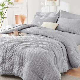 HYMOKEGE Light Grey King Size Comforter Set Seersucker 7 Pieces, All Season Luxury Bed in a Bag for Bedroom, Bedding Set with Comforters, Sheets, Pillowcases & Shams