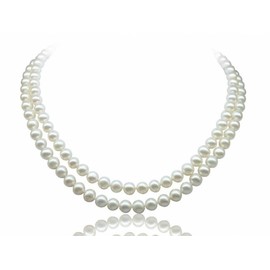 Treasure Bay Double Strand Pearl 6-7mm White Natural Cultured Freshwater Necklace For Women Ladies and Girls with Silver Secure Lock Clasp