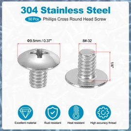PATIKIL 8#-32x1/4" Phillips Truss Head Bolts Schrauben, 50 Stück UNC 304 Edelstahl Bolzen Grobgewinde Vollgewinde Befestigungselemente Maschinenschrauben für Deckenventilatorblatt