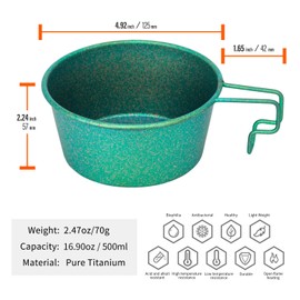 TiTo Titanium 500ML Titanium Sierra Cup Bowl with Handle Portable Lightweight Cookware for Outdoor Camping, Hiking, Backpacking, Picnic, BBQ Kitchen Tableware (Green)