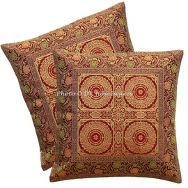 DK Homewares Brocade Bohemian Maroon Sofa Decorative Cushion Covers 40 x 40 cm Brocade Jacquard Mandala Floral Square Throw Cushion Covers 16 x 16 Home Decor Set 2