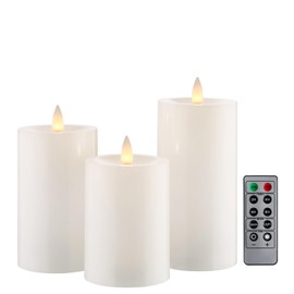 CozierGlow Flameless Pillar Candles Flickering with Remote Timer, Battery Operated LED Candles Up to 400 Hours, 3D Moving Flame Real Wax Candles, Set of 3, D3 x H4, 5", 6",Remote Included (White).