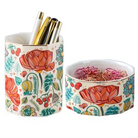 YOSCO Desk Organizer Set of 2 For Office, Pen Holder and Paper Clip Holder, Ceramic Cute Pencil Cup, Paper Clip Dispenser for Desktop, Makeup Brush Holder (Flower)