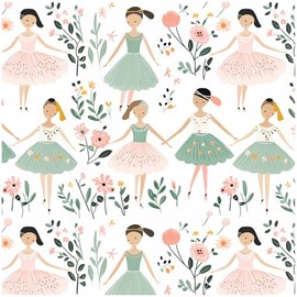 HAOKHOME Nursery Wallpaper Peel and Stick Kids Baby Wall Paper Modern Dancing Girls White/Pink/Green Removable Vinyl Self Adhesive Contactpaper 17.3in x 9.8ft
