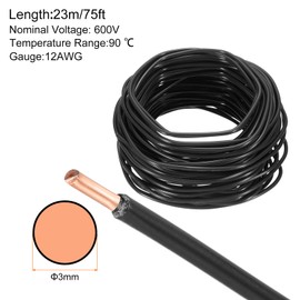 MECCANIXITY 75 Feet Electrical Wire Insulated Solid Copper 12 AWG Hook Up Wire Cable THHN Wire Residential, Industrial, Grounding, Electrical Rated for 600 Volts, UL Listed, Black