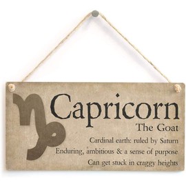 Hty Capricorn The Goat - Zodiac Wall Sign, Wooden Plaque, 10" x 5" (25x12.5 cm), Brown, Rustic Style
