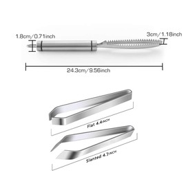GZLCEU Fish Scaler 304 Stainless Steel Fish Scale Remover, Professional Fish Scaler Fish Scraper Kitchen Aid with Bone Tongs (Flat, Slanted)