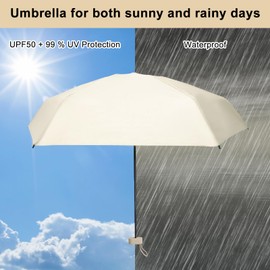 ZMDMAH Mini Umbrella Ultra Compact Ultra Lightweight Pocket Umbrella with 99% UV Protection and UPF50+ Shockproof Fabric Steel Pole 91 cm Umbrella Area Beige Perfect Travel Suitcase and Women's