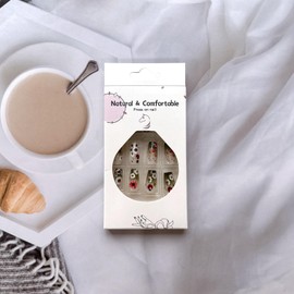 Spring Press on Nails Coffin Fake Nails Medium Length Glue on Nails with Colorful Flowers Seven-spotted Ladybug Design Cute Daisy Stick on Nails Glossy Spring Summer False Nails for Women