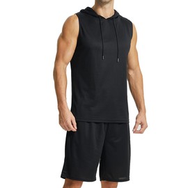 LANBAOSI 2 Piece Outfit Sets Athletic Tracksuit Set Summer Casual Short Sportswear Sleeveless Hoodies for Men Workout