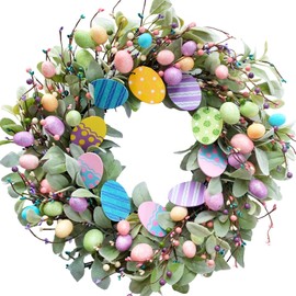 24 Inch Spring Easter Eggs Wreath with Lamb Ears Leaves for Front Door, Glitter Eggs Green Leaves Door Wreath with Berries for Indoor and Outdoor, Easter Egg for Home Decor