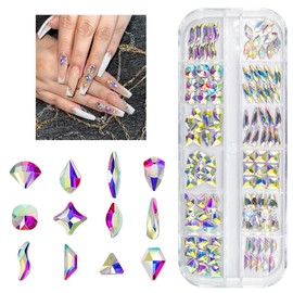 qiipii 120Pcs AB Crystal Nail Rhinestones White AB 12 Shapes Big Gems Flatback Rhinestones K9 Glass Stones Nail Art Diamonds Crystals Jewels Nail Charms for Arcylic Nails Face Eyes Makeup DIY Crafts