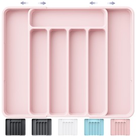 Kitsure Cutlery Drawer Organiser for Kitchen - Adjustable Cutlery Tray for Effortless Utensil Sorting, Versatile Kitchen Storage & Organisation Solution, 12.13" x 1.54" x 8.07"~13.90", Pink