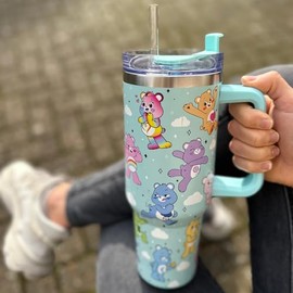 HOX Care Bears 40oz / 1200 ML Tumbler with Straw & Lid | Leak & Spill Proof Travel Mug | Stainless Steel Double Wall Vacuum Insulated Water Bottle with Handle Keeps Cold for 17Hrs or Hot for 5Hrs