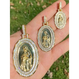 HarlemBling 14k Gold Plated 925 Silver Virgin Mary Necklace Pendant Iced Simulated Diamond - Medium
