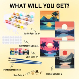 Bowetile 4 Pack Sunset Framed Paint by Numbers for Adults Children, Painting by Numbers Kit for Adults, Beginners Canvas Kits, DIY Acrylic Pigment Drawing Paintwork for Home Decor, 20x20 cm