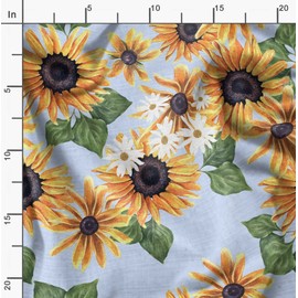 Soimoi Blue Heavy Canvas Fabric Leaves & Sunflower Floral Print Fabric by metre 58 Inch Wide