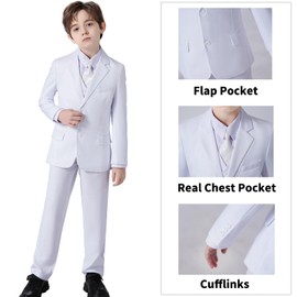 Boys Suit Formal Dress Clothes First Communion Suits for Boys White Tuxedo Toddler Boy Vest and Pants Set for Kids Wedding Outfit Size 10