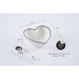 Pampa Bay Get Gifty Porcelain Heart Shaped Serving Bowl with Serving Spoon, White with Silver Beads