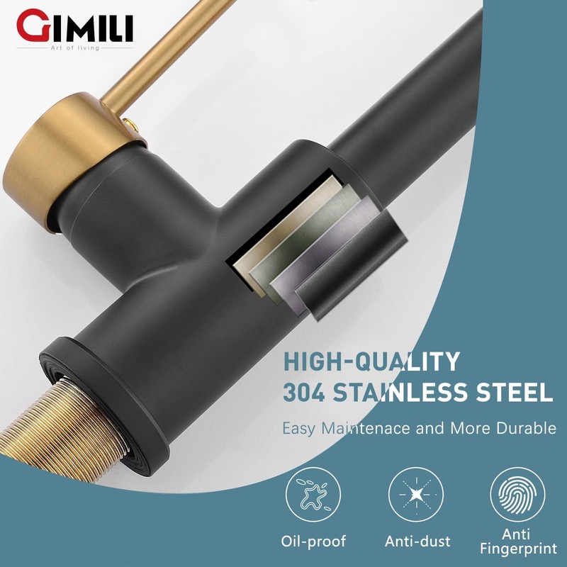 GIMILI Black and Gold Kitchen Faucet with Soap Dispenser Commercial