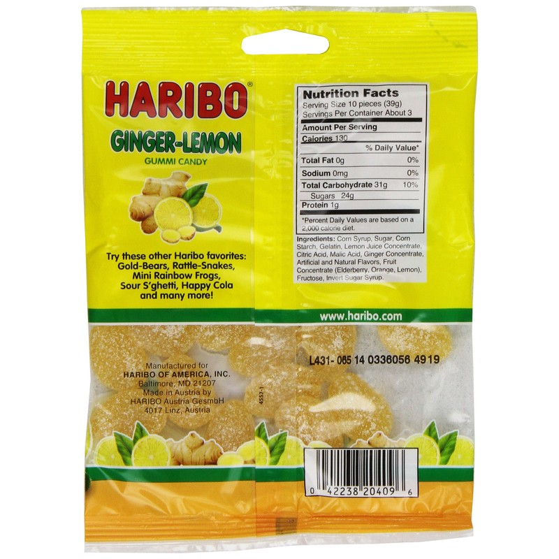 HARIBO Gummi Candy, Ginger-Lemon Gummy Candy, 5 Ounce Share Size
