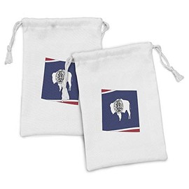 Lunarable Wyoming Fabric Pouch Set of 2, US State Map with Flag Equality State Seal on a Bison Equal Rights, Small Drawstring Bag for Toiletries Masks and Favors, 9" x 6", Magenta Blue