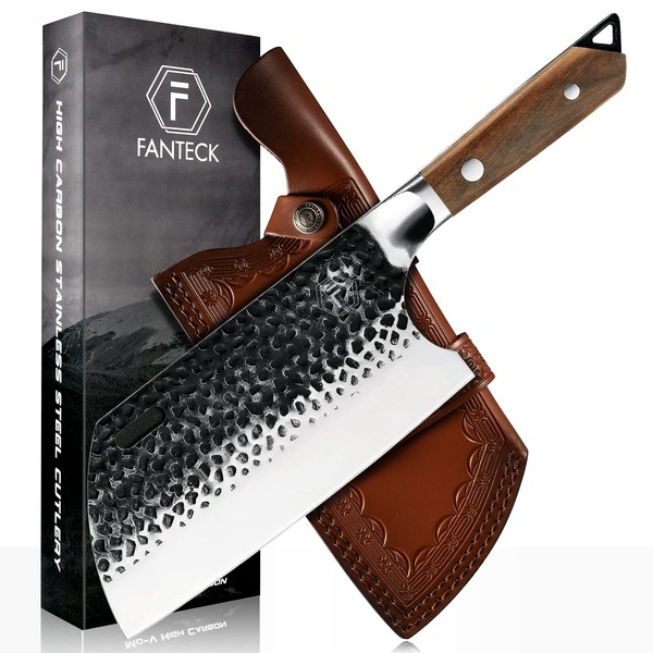 FANTECK Handmade Forged Kitchen Knife Chopping Knife 20 cm Chinese Chef's Knife Forged Steel Cleaver Knife Serbian Butcher Knife Sharp Chopping Knife with Full Tang Wooden Handle and Leather Sheath