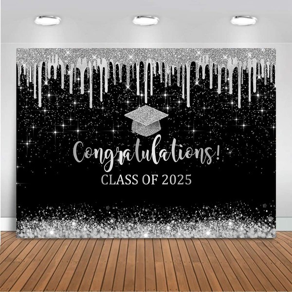 Mocsicka 10x7ft Class of 2025 Graduation Backdrop Black and Sliver
