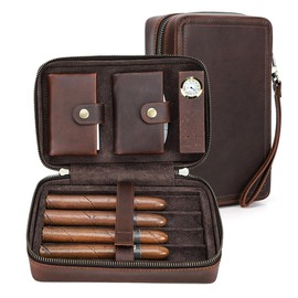 Contacts Full Grain Leather Cigar Case Travel Cigar Humidor for 4 Cigars Accessories Organizer for Cigar Cutter Lighter Built-In Hygrometer Humidifier, Red Brown- 4 slot