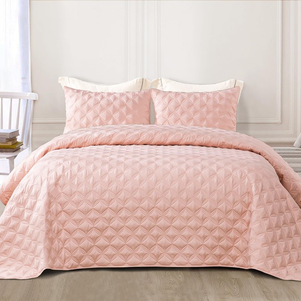 Exclusivo Mezcla Blush Pink Quilt Set Twin Size, 2 Pieces Stitched Pattern Twin Quilts (68"x90") with 1 Pillow sham, Lightweight Bedspreads Soft Coverlet for All Seasons