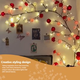 Rose LED Tree Branch Lights for Wall, Rose Flower Willow Vine Twig Decor Garland with 72 LED Lights and Remote,8 Lighting Modes,Christmas Decorations Indoor for Home Wall Door Window (63inch)