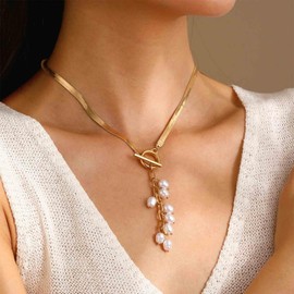 Enautoabs Vintatge Pearl Y Lariat Necklace Herringbone Chain Necklace Long Y Drop Necklace Gold Long Toggle Necklace Pearl Necklace Jewellery for Women, Zinc, No Gemstone