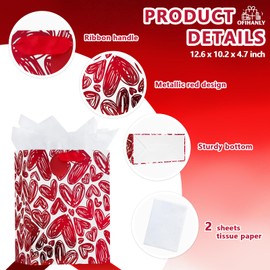 OFIHANLY 12.6" Medium Size Happy Mothers Day Gift Bags with Handles for Mom Red Heart Paper Gift Wrap Bags with Tissue Paper for New Mom, Grandma,1 Pcs