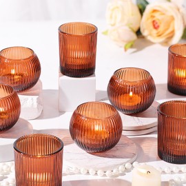 30pcs Assorted Ribbed Amber Votive Candle Holders, Amber Tea Lights Candle Holder for Wedding Decorations, Clear Candle Holders Glass for Baby Shower, Vintage Boho Party Home Table Centerpieces Decor