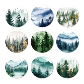 ANATTASOUL 9 Pcs Watercolor Forest Mountain Pattern Wood Coasters, 10cm Art Round Coasters Craft Supplies for Drinks Absorbent Kitchen Dining Room Decoration
