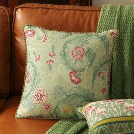 patdrea Designer Square Throw Pillow Covers,Farmhouse Linen with Green Floral Pattern Pillows Cover,Decorative Pillowcases Cushion for Bed Living Room Outdoor Car,18"x18"