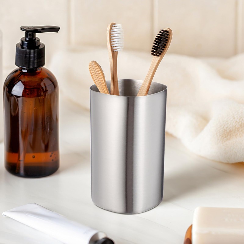 Veemoon Lightweight Stainless Steel Toothbrush Cup, Silver Metal Water Cup