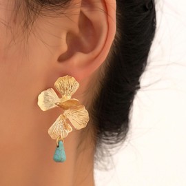 Xmsrn Vintage Gold Metal Flower Stud Earrings Waterdrop Turquoise Dangle Earrings Large Flower Drop Earrings Blue Stone Stud Earrings for Women