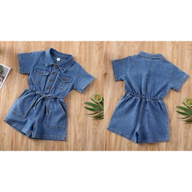 NANCHNEGGU Baby Girls Label Short Sleeves Button Pockets Elastic Waist Belted Denim Shorts Jumpsuit Overalls (Blue, 12-18 Months)