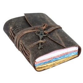 Tuzech Leather Journal for Women Men Gift With Deckle Edge Paper, Scrapbook, Book of Shadows, Vintage Journal, Grimoire, Colourful Paper (7 by 5 Inches)